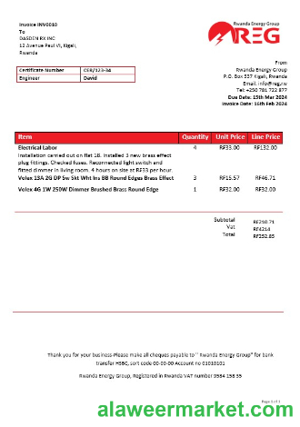 Rwanda Energy Group electricity business utility bill template in Word and PDF formats